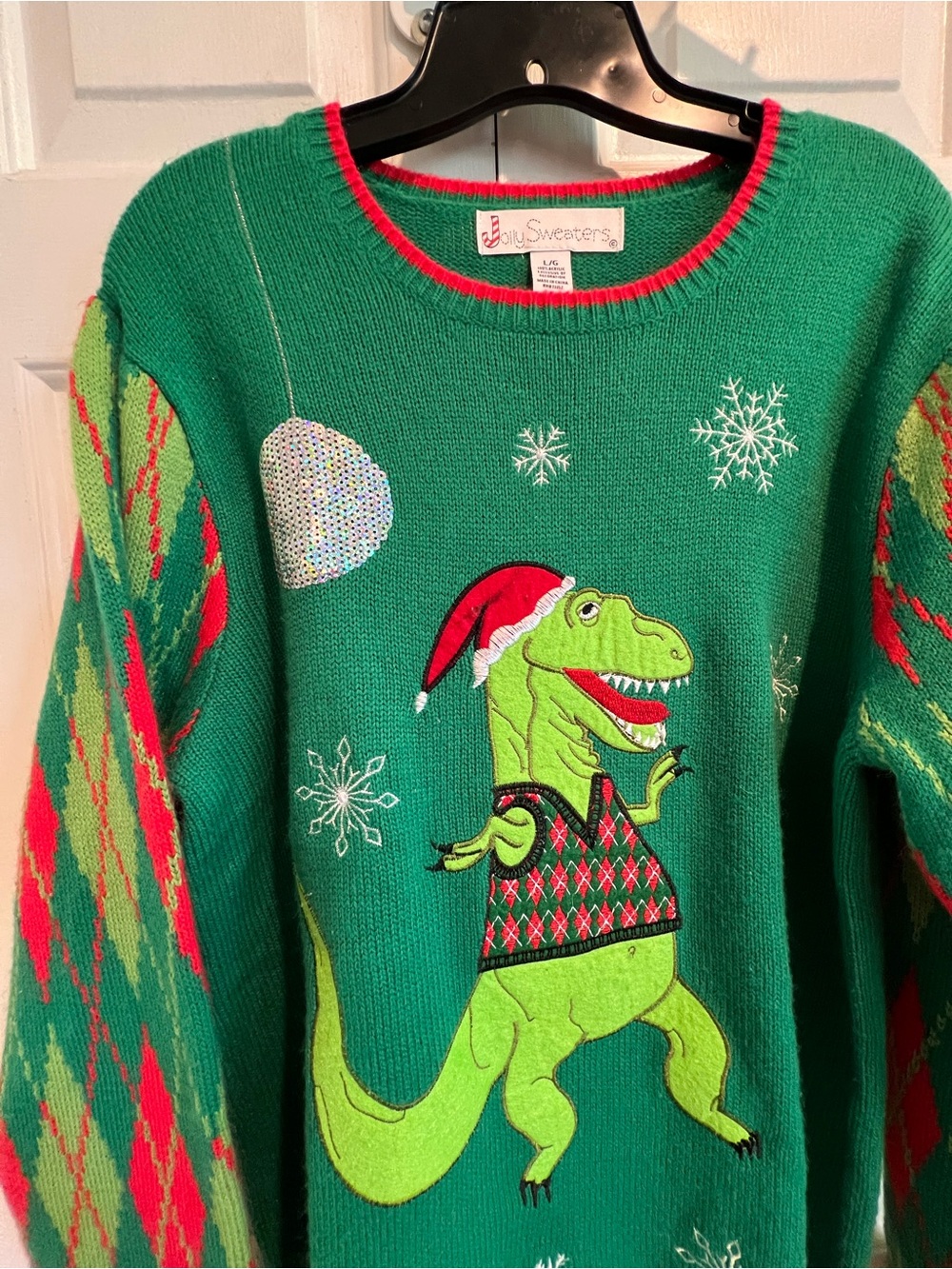 Dinosaur Holiday Sweater w Sequin & Red Trim, Argyle Sleeves, Green Christmas